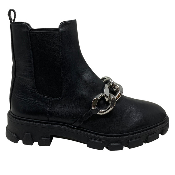 NEW Michael Kors Scarlett Black Leather Silver Chain Detail Boots Sz 7 Lug Sole - Picture 3 of 12